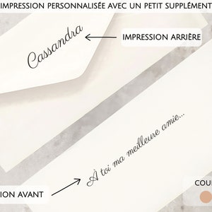 May include: A white envelope with the name "Cassandra" printed on the front. The back of the envelope has the text "&Agrave; toi ma meilleure amie..." printed on it. The image shows two different printing options for envelopes.