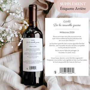 May include: A wine bottle label with a white background and black text. The label reads "Cuv&eacute;e De la nouvelle graine Mill&eacute;sime 2024". The text describes the wine as a new vintage and invites the reader to share in the joy of the wine.