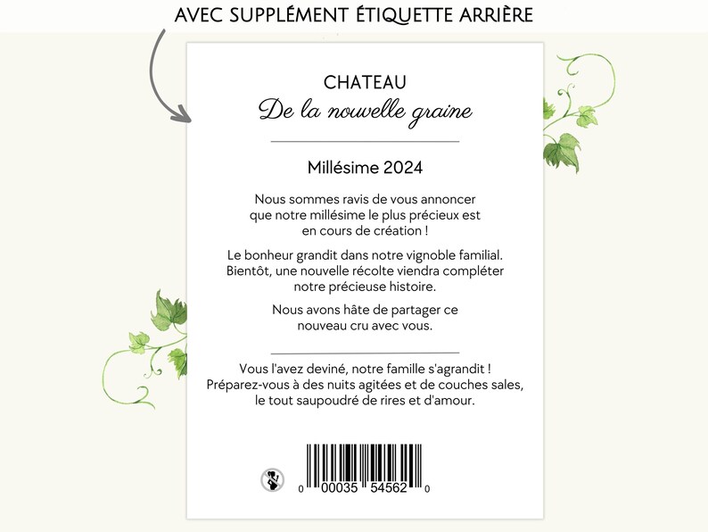 K&ouml;nnte beinhalten: Eine wei&szlig;e Karte mit gr&uuml;nen Ranken an den Seiten. Die Karte tr&auml;gt den Text "Chateau De la nouvelle graine" und "Millesime 2024". Der Text setzt sich mit einer Nachricht &uuml;ber einen neuen Weinjahrgang fort. Die Karte hat auch einen Barcode mit der Nummer "00035 54562".