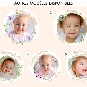 May include: Five different designs for a baby's baptism announcement. Each design features a baby's photo in a circle with a gold frame and floral accents. The text "Bapt&ecirc;me de" is included in each design, followed by the baby's name. The date "20 ao&ucirc;t 2023" is also included in each design.