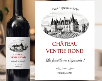 Étiquette vin annonce grossesse personnalisée la famille va s'agrandir château ventre rond annonce bébé mini nous en route