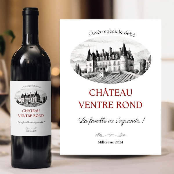 Étiquette vin annonce grossesse personnalisée la famille va s'agrandir château ventre rond annonce bébé mini nous en route