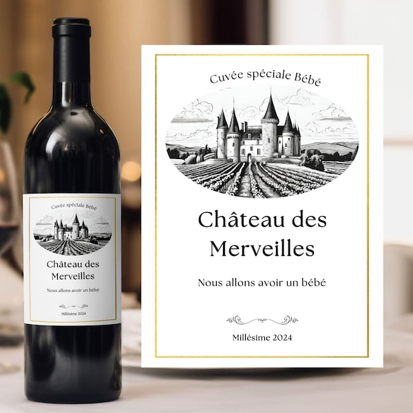 Étiquette vin annonce grossesse personnalisée étiquette à coller sur bouteille Annonce originale château des merveilles annonce bébé