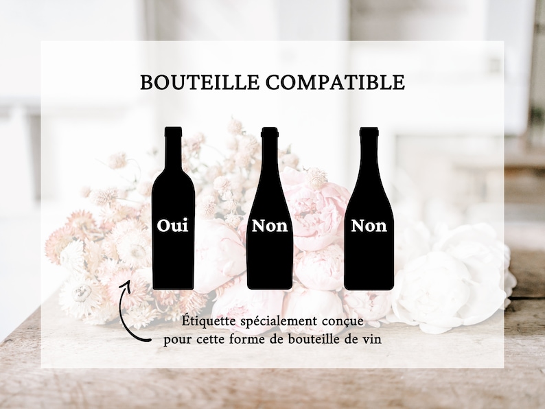 K&ouml;nnte beinhalten: Ein Diagramm mit drei Weinflaschen, eine mit der Aufschrift "Oui" und zwei mit der Aufschrift "Non." Der Text "BOUTEILLE COMPATIBLE" befindet sich oben im Bild. Der Text "&Eacute;tiquette sp&eacute;cialement con&ccedil;ue pour cette forme de bouteille de vin" befindet sich unten im Bild.