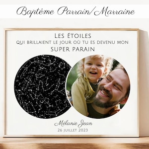 Affiche baptême constellation parrain marraine cadeau souvenir photo carte du ciel date baptême idée poster personnalisé décoration murale