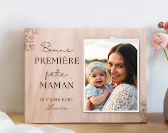 Première fête des mères cadeau maman personnalisé avec photo et prénoms – Cadre photo gravé original pour jeune maman et bébé