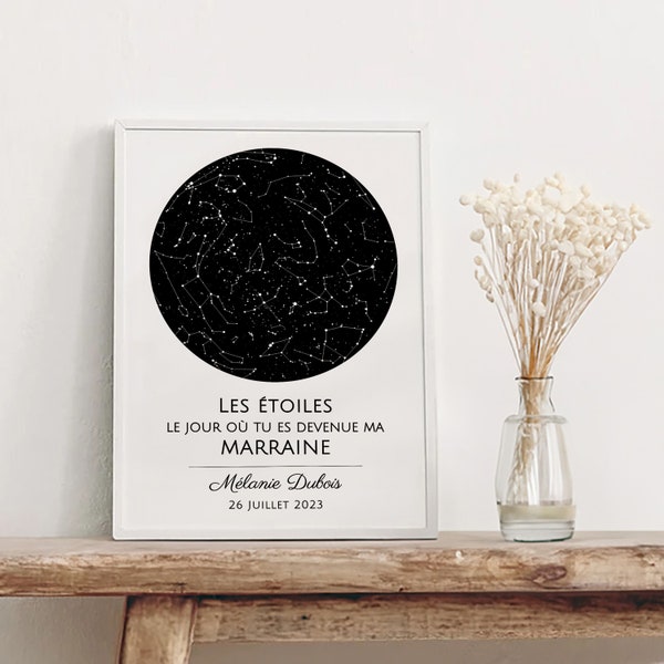 Carte des étoiles personnalisables affiche constellation idée cadeau baptême marraine les étoiles le jour où tu es devenu mon super parrain