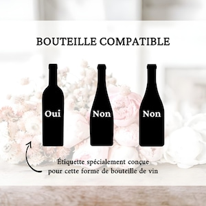 May include: A diagram showing three wine bottles, one labeled "Oui" and two labeled "Non." The text "BOUTEILLE COMPATIBLE" is at the top of the image. The text "&Eacute;tiquette sp&eacute;cialement con&ccedil;ue pour cette forme de bouteille de vin" is at the bottom of the image.