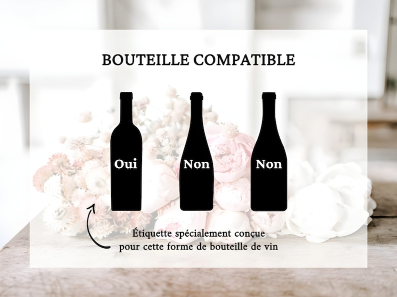 May include: A diagram showing three wine bottles, one labeled "Oui" and two labeled "Non." The text "BOUTEILLE COMPATIBLE" is at the top of the image. The text "&Eacute;tiquette sp&eacute;cialement con&ccedil;ue pour cette forme de bouteille de vin" is at the bottom of the image.
