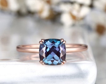 Vintage Solitaire Alexandrite Engagement Ring, Unique Cushion Cut Alexandrite Wedding Ring Art Deco 14K Rose Gold Promise Rings Gift for her