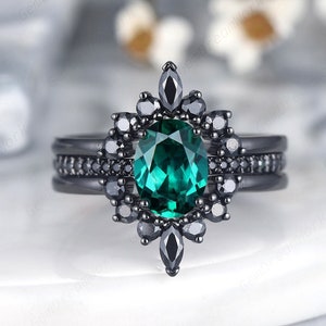 Vintage Black Gold Oval Cut Emerald Engagement Ring Set, Unique Rhodium Black Bridal Set ,3PCS Gothic Wedding Set, Black Promise Ring Gift