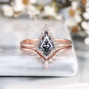 Vintage Kite Shape Gray Moissanite and Diamond Bridal Set, V Shape Wedding Set, Unique 14k Rose Gold Halo Promise Engagement Ring for Women