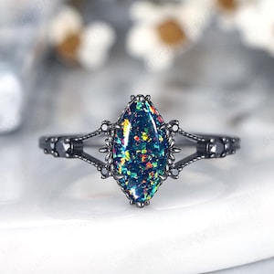 Marquise Cut Black Opal Engagement Ring, Rhodium Black Black Fire Opal Promise Ring, Witchy Black Wedding Ring, Gothic Anniversary Ring Gift