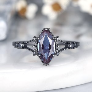 Black Gold Marquise Alexandrite Engagement Ring Custom Alexandrite Promise Ring, Split Shank Wedding Ring Gothic Women Anniversary Ring Gift