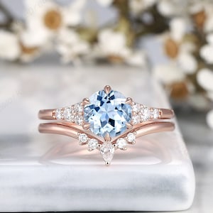 Round Aquamarine Engagement Ring Set, Vintage 14K Rose Gold Aquamarine Wedding Set, Minimalist Moissanite Stacking Rings March Birthstone
