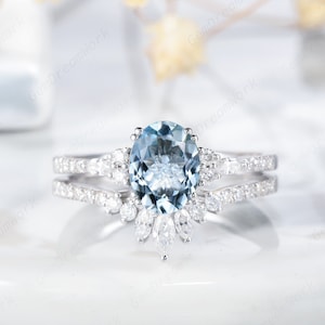 Oval Aquamarine Engagement Ring, Vintage White Gold Aquamarine Wedding Ring Set, March Birthstone Diamond Promise Ring Bridal Set Gift Mom