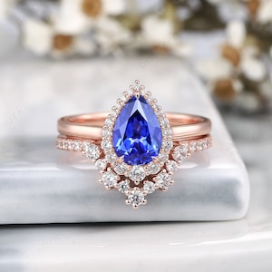 Pear Shape Cornflower Blue Sapphire Engagement Ring Set, Unique Rose Gold Halo Wedding Set, Bridal Set Promise Ring Anniversary Gift for her