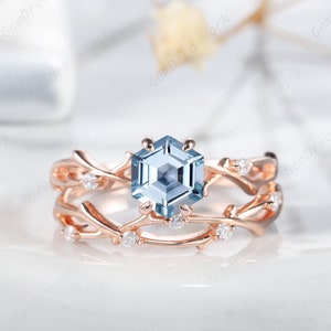 Vintage Hexagon Aquamarine Engagement Ring Set, 14K Rose Gold Branch March Birthstone Wedding Ring Set, Twig Band Promise Anniversary Rings