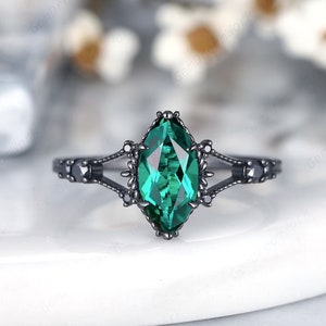 Black Gold Marquise Emerald Engagement Ring, Antique Milgrain Emerald Promise Ring May Birthstone Black Gold Wedding Anniversary Rings Women
