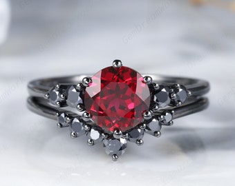 Vintage Round Ruby Black Engagement Ring Set, Unique Ruby and Black Moissanite Wedding Set,  Rhodium Black Ruby Bridal Set Goth Promise Ring