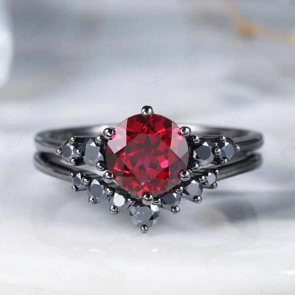 Vintage Round Ruby Black Engagement Ring Set, Unique Ruby and Black Moissanite Wedding Set,  Rhodium Black Ruby Bridal Set Goth Promise Ring