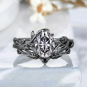 Black Gold Oval Cut Gray Moissanite Engagement Ring Set, Unique Grey Moissanite Black Leaf Wedding Set, Gothic Twig Promise Ring Bridal Set