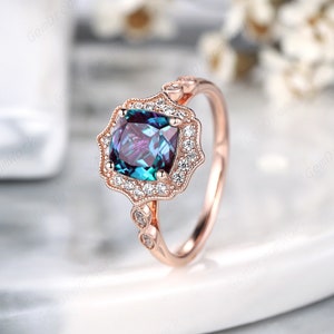 Vintage Cushion Cut Floral Alexandrite Engagement Ring, Unique 14K Rose Gold Halo Promise Ring, June Birthstone Wedding Ring Gifts for women
