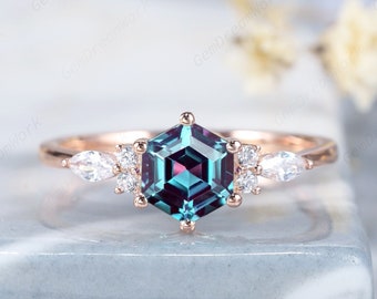 Unique Hexagon Alexandrite Engagement Ring, Vintage Alexandrite Wedding Ring, 14K Rose Gold Promise Ring Dainty Alexandrite Anniversary Ring