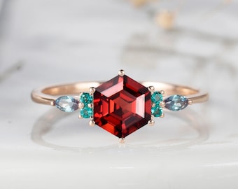 Hexagon Garnet Engagement Ring Vintage 14k Rose Gold Marquise Alexandrite Emerald Accent Stones Promise Rings Garnet Wedding Rings for Women