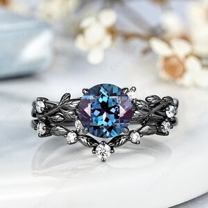 Gothic Round Alexandrite Engagement Ring Set, Black Gold Leaf Nature Inspired Promise Rings For Women, Custom Alexandrite Wedding Ring Set