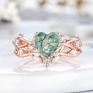 Vintage Nature Heart Moss Agate Engagement Ring Set 14k Rose Gold Leaf Branch Inspired Promise Rings Custom Curved Wedding Rings For Women