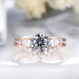 Unique Round Gray Moissanite Engagement Ring Set, Vintage 14K Rose Gold Grey Moissanite Wedding Ring Grey Moissanite Promise Ring Bridal Set