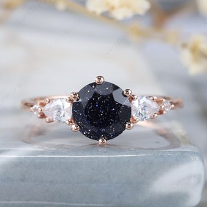 Unique Round Cut Blue Sandstone Wedding Ring, Vintage Rose Gold Blue Gemstone Promise Ring, Silver Five Stones Engagement Ring Gift for her