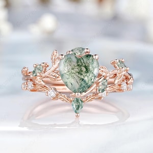 Nature Heart Moss Agate Wedding Rings Set Nature Inspired Leaf Agate Engagement Ring Solid Gold  Rings For Women Custom Promise Ring Gifts