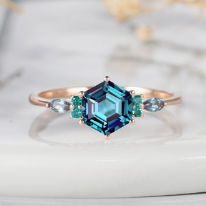 Vintage Hexagon Alexandrite Cluster Ring, Rose Gold Silver Marquise Alexandrite Promise Ring, Art Deco Alexandrite Engagement Wedding Ring