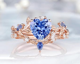 Vintage Heart Cornflower Blue Sapphire Engagement Ring Set Custom Leaf Flower Sapphire Wedding Rings For Women Solid Gold Promise Rings Gift