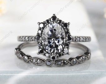 Vintage Black Gold Oval Gray Moissanite Engagement Ring Set, Unique Grey Moissanite Black Diamond  Halo Wedding Set, Promise Ring Bridal Set