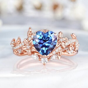 Heart Cut Alexandrite Engagement Ring Set Vintage Leaf Flower Nature Inspired Moissanite Rings For Women Alexandrite Promise Ring Set Gifts
