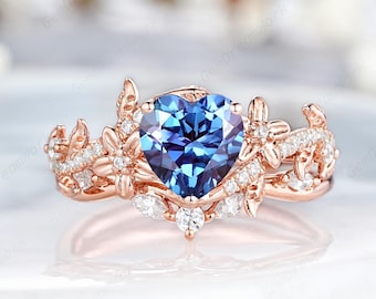 Hart gesneden alexandriet verlovingsring set vintage blad bloem natuur geïnspireerde moissaniet ringen voor vrouwen alexandriet belofte ring set geschenken