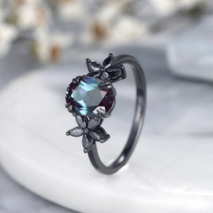 Oval Shape Alexandrite Black Engagement Ring, Witchy Rhodium Black Cluster Promise Ring, Gothic Black Wedding Promise Anniversary Ring Gift