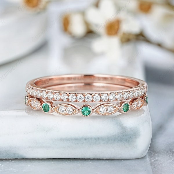 2pcs Antique Emerald Straight Wedding Band, 14k Rose Gold Diamond Matching Band, Vintage Half Eternity Stacking Anniversary Rings For Women