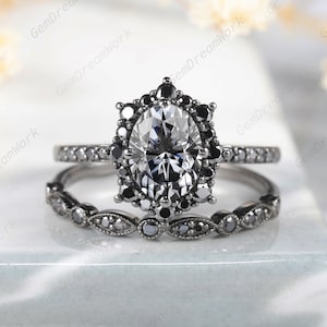 Vintage Black Gold Oval Gray Moissanite Engagement Ring Set, Unique Grey Moissanite Black Diamond  Halo Wedding Set, Promise Ring Bridal Set