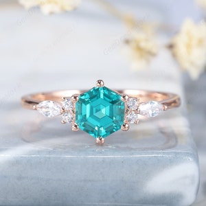 Unique Hexagon Neon Blue Paraiba Tourmaline Engagement Ring, Vintage Tourmaline Wedding Ring Rose Gold Greenish Blue Tourmaline Promise Ring