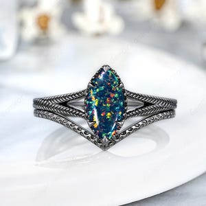 Gothic Marquise Cut Black Opal Engagement Ring Set Black Gold Solitaire Fire Opal Wedding Rings For Women Minimalist Anniversary Rings Gifts