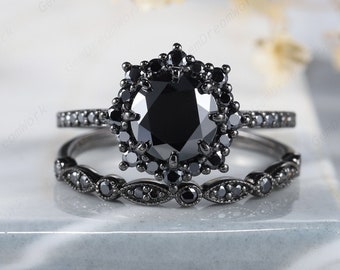 Vintage Black Gold Round Cut Black Moissanite Floral Engagement Ring Set, Unique Black Diamond Halo Wedding Set Dark Promise Ring Bridal Set