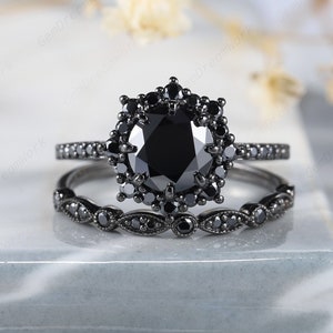 Vintage Black Gold Round Cut Black Moissanite Floral Engagement Ring Set, Unique Black Diamond Halo Wedding Set Dark Promise Ring Bridal Set