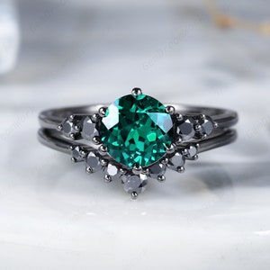 Vintage Round Emerald Black Gold Engagement Ring Set, Unique Black Moissanite Wedding Set, Rhodium Black Bridal Set, Black Promise Ring