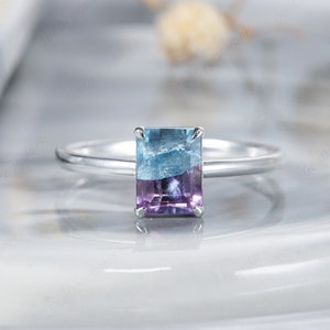 Vintage Bicolor Fluorite Solitaire Engagement Ring, Unique Emerald Cut Fluorite Silver White Gold Wedding Ring Art Deco Promise Ring for her