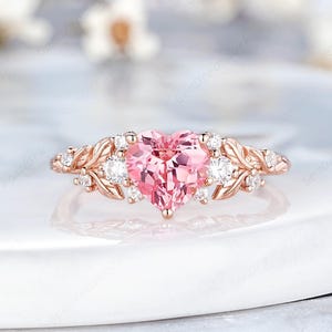 Heart Pink Sapphire Engagement Ring Vintage Nature Inspired Leaf Floral Wedding Ring Solid Gold Rings For Women Moissanite Promise Ring Gift