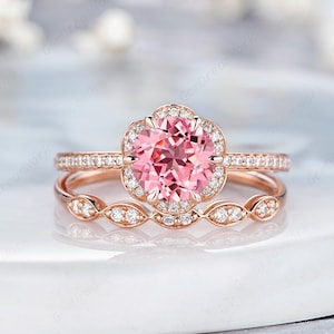 Pink Sapphire Flower Engagement Ring Straight Wedding Ring 14k Gold Moissanite Halo Promise Ring Half Eternity Anniversary Rings For Women